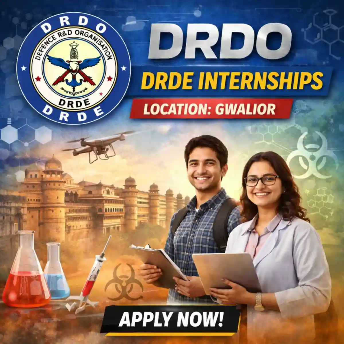 DRDO DRDE internships in Bengaluru promotional graphic with DRDO logo, AI visuals, and “Apply Now” text.