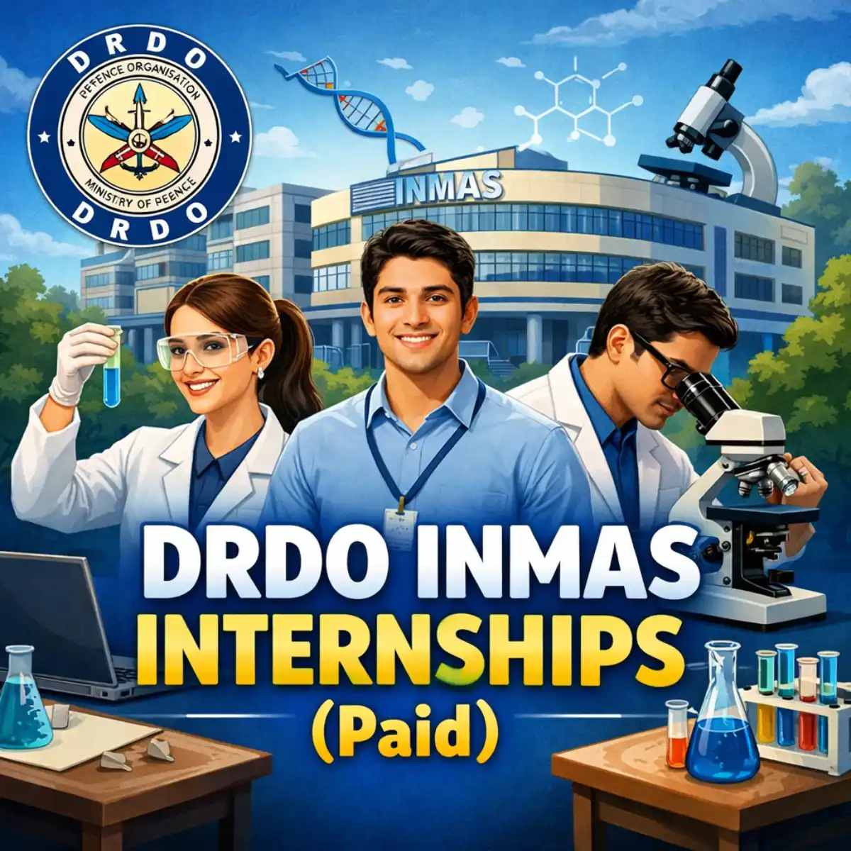 DRDO INMAS internships in Bengaluru promotional graphic with DRDO logo, AI visuals, and “Apply Now” text.