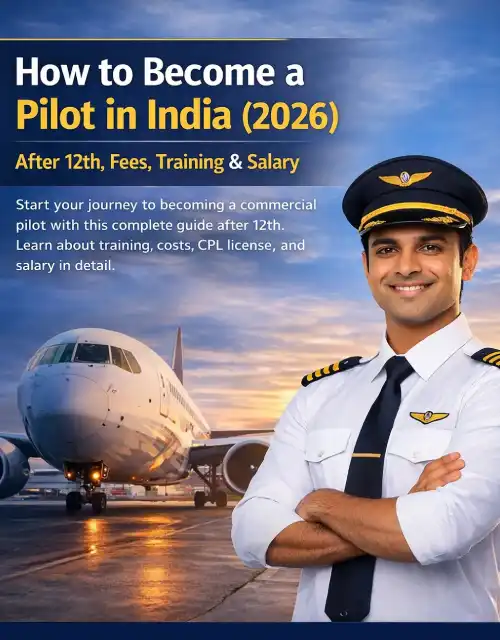 Confident airline pilot standing in front of an aircraft with text “How to Become a Pilot in India (2026) – After 12th, Fees, Training & Salary