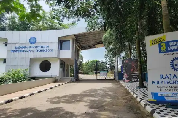 Rajadhani Institute campus in Thiruvananthapuram showcasing classrooms, labs, and student activity areas.