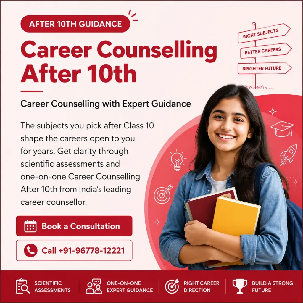 A wide promotional banner for Career Counselling After 10th featuring a smiling student holding books, with the headline "Career Counselling After 10th," information about expert career guidance, and call-to-action buttons to book a consultation or call for assistance. The banner highlights scientific assessments, one-on-one guidance, career direction, and future planning.