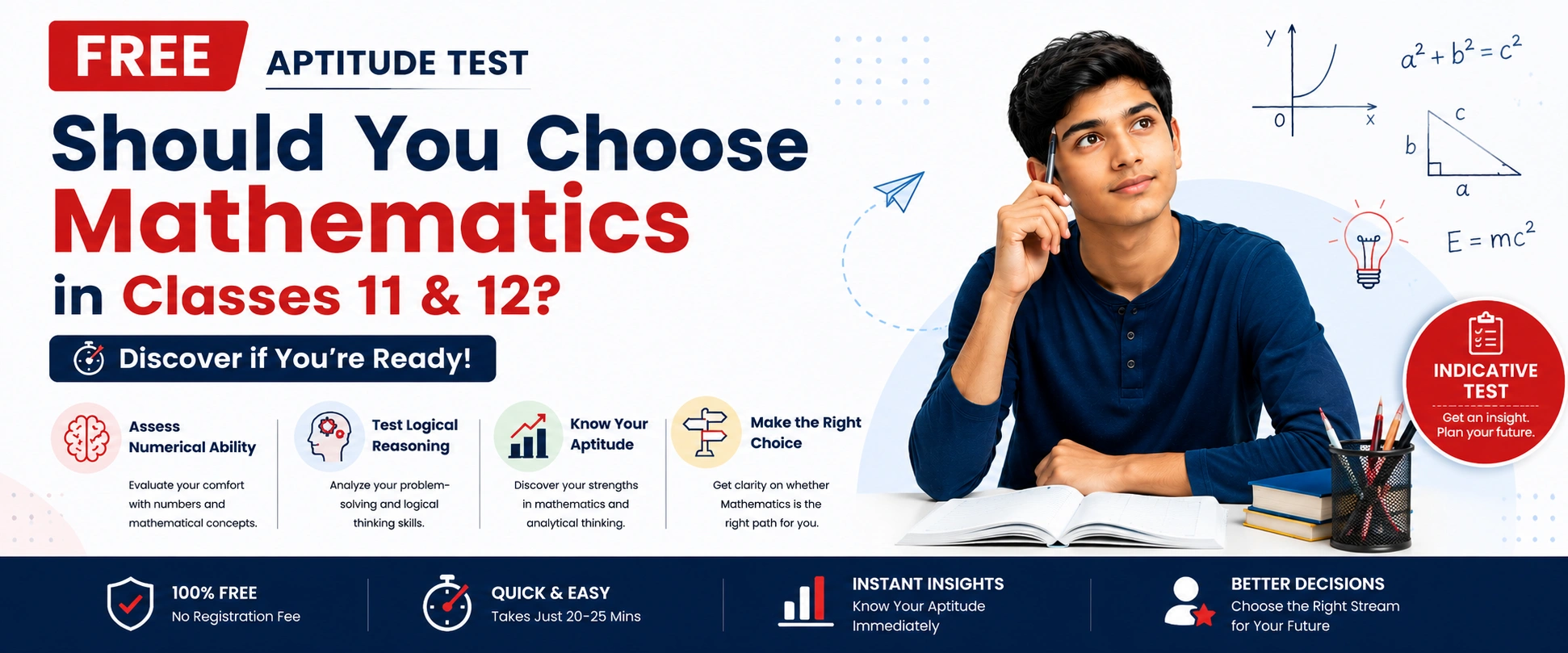 Free Maths Aptitude Test banner for Class 10 students to determine readiness for Mathematics in Classes 11 and 12 before stream selection.