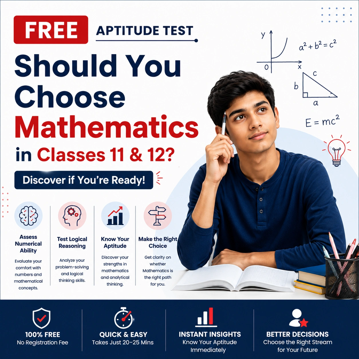 Free Maths Aptitude Test banner for Class 10 students to determine readiness for Mathematics in Classes 11 and 12 before stream selection.