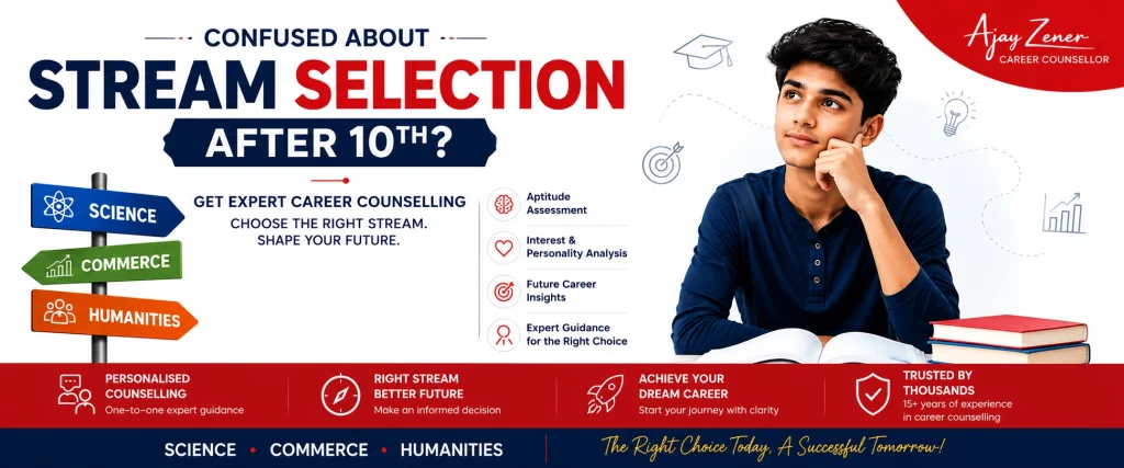 Banner for Stream Selection After 10th. This is a career counselling mobile banner.