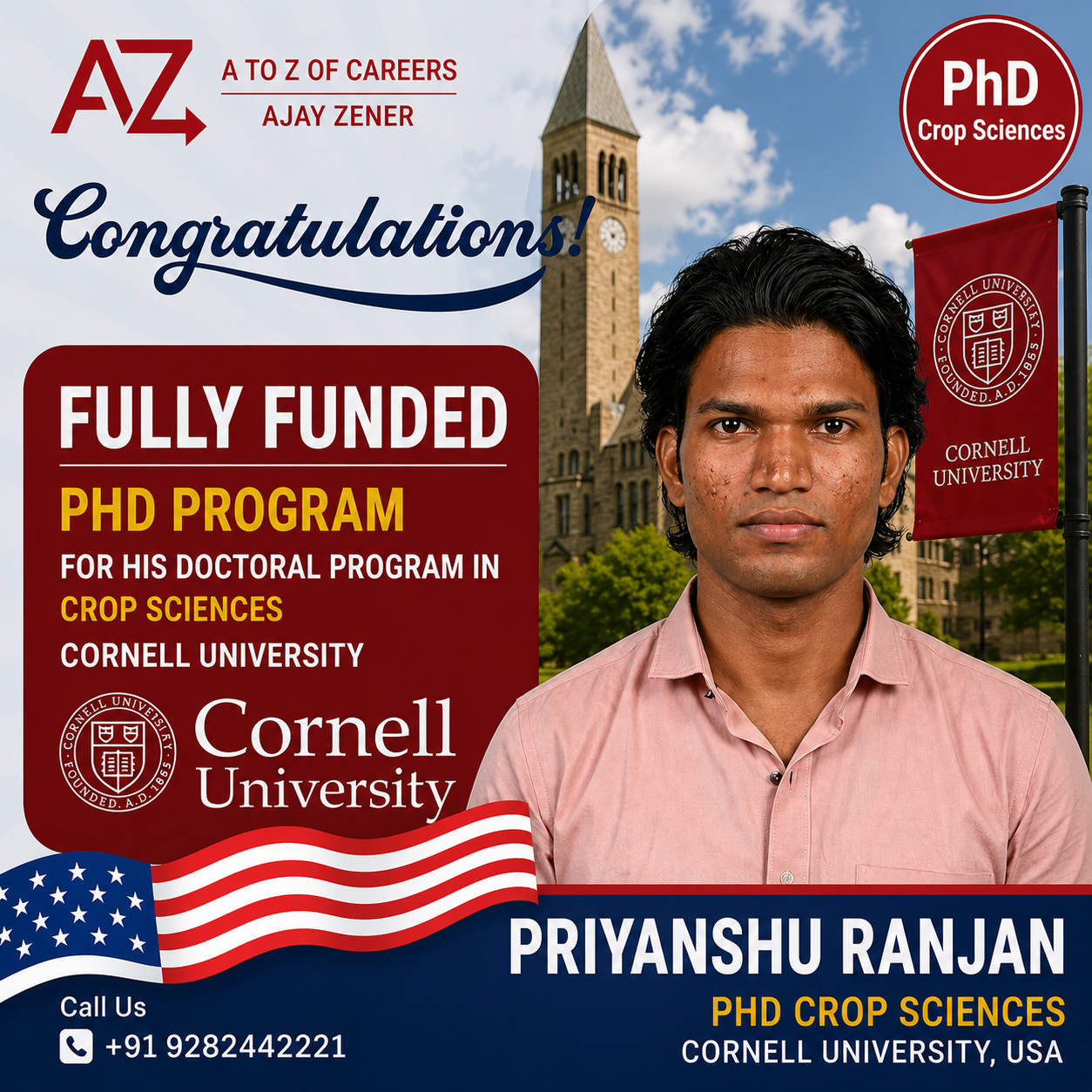 Priyanshu Ranjan — Fully funded PhD in Crop Sciences at Cornell University, USA