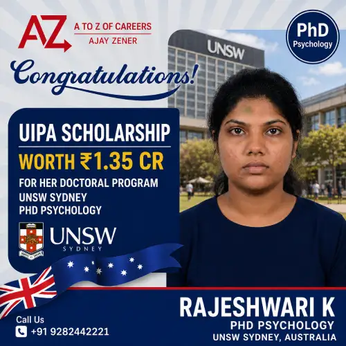 Rajeshwari K — ₹1.35 Cr UIPA scholarship for a PhD in Psychology at UNSW Sydney, Australia